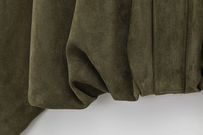 TRAFZA Damen-Jacke mit Wildleder-Textur, High Street, lange Ärmel, Umlegekragen, elastischer Reißverschluss, Knopfleiste, solider, trendiger Frühlingsmantel