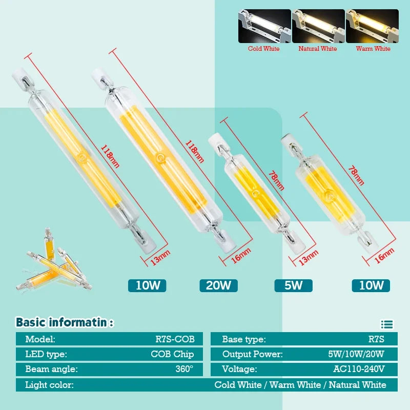 R7S LED Glasröhre 78mm 118mm COB Birne 5W 10W 20W r7s Lampada Mais Lampe J78 J118 AC220V 110V Energiesparende Ersetzen Halogen Licht.