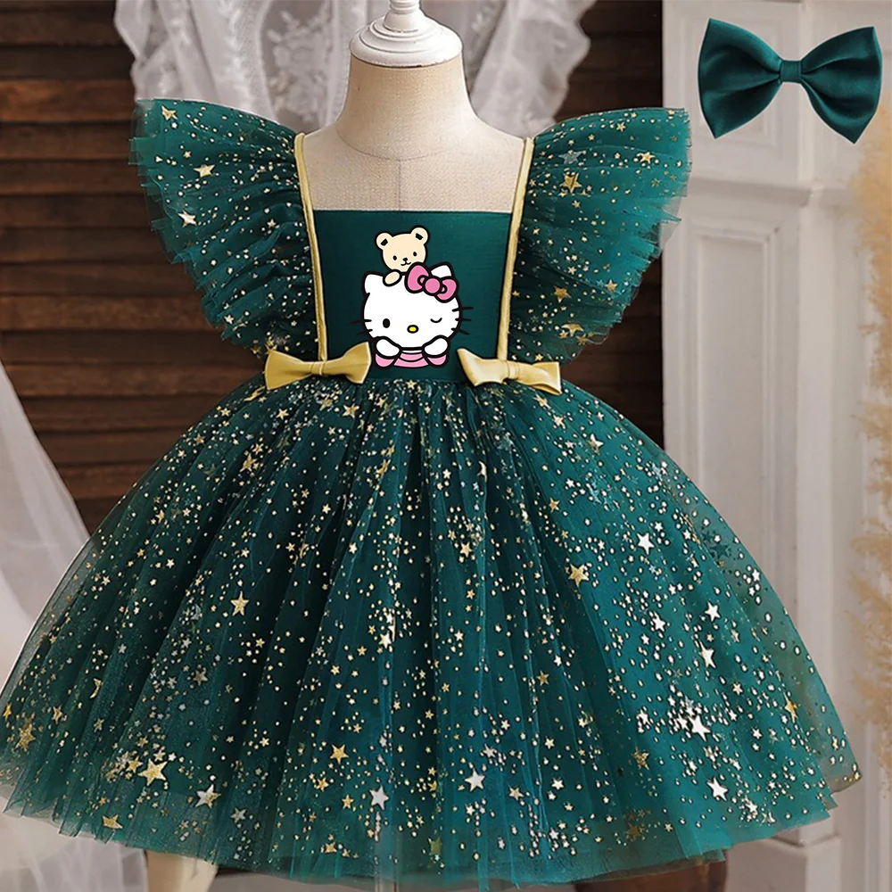 Hello Kitty Prinzessinnenkleid für Mädchen, Pailletten, Stern, Rüschen, Schleife, Tutu-Kleid, Baby, formelles Gala-Abschlussballkleid, Kinder-Abendparty-Kostüm