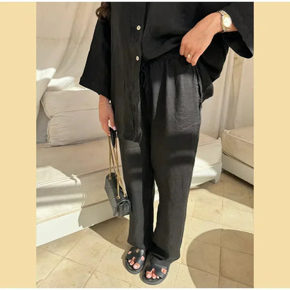Women Vintage Solid Loose Pants Suit Lapel Single Breasted Long Sleeve Shirt Wide Leg Pants 2 Pcs Set 2025 New Ladies Streetwear.