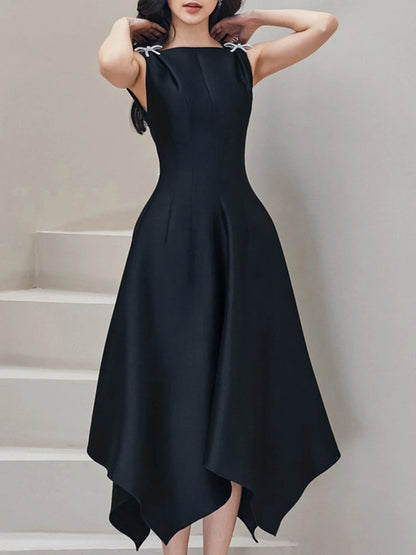 TWOTWINSTYLE Elegante Schwarz Kleid Für Frauen Quadrat Kragen Ärmellose Hohe Taille Solide Patchwork Bowknot Midi Kleider Weiblichen Stil