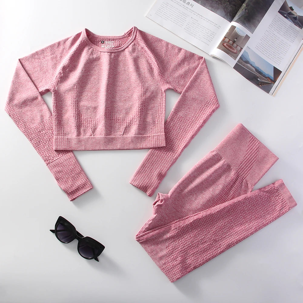 2pcs Sports Yoga Suit Gym Women Running Sports Long Sleeve Leggings Bicycle Clothing Outdoor Sports Leisure Suit.