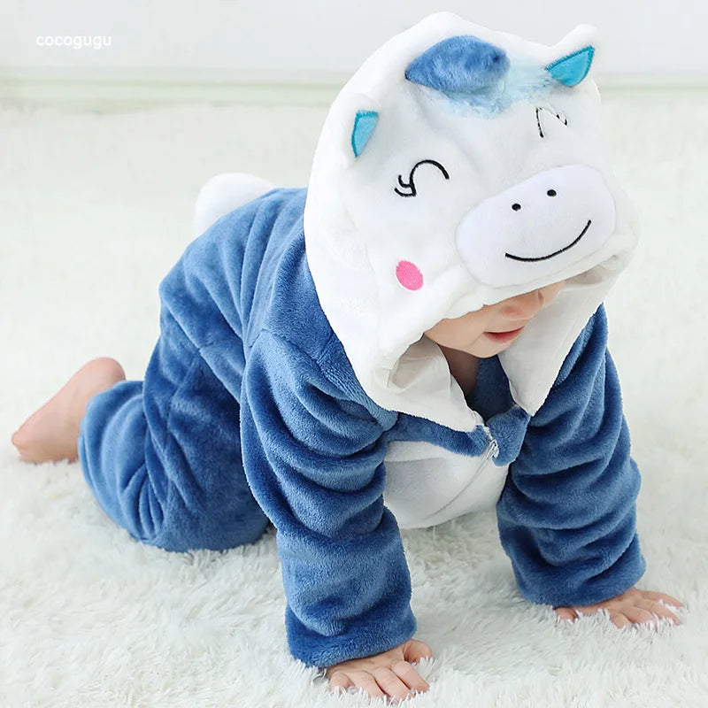 Blau rosa Einhorn Stram pler Baby Boy Mädchen Pyjama bebe Kleidung niedlichen Bodys Flanell warme einteilige Winter Halloween Tier Outfit.