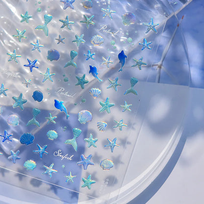 Ocean Theme 5D Nail Sticker Summer Beach Seashells Starfish Conch Scallop Shell Coral Self Adhesive Decoration Manicure Decal