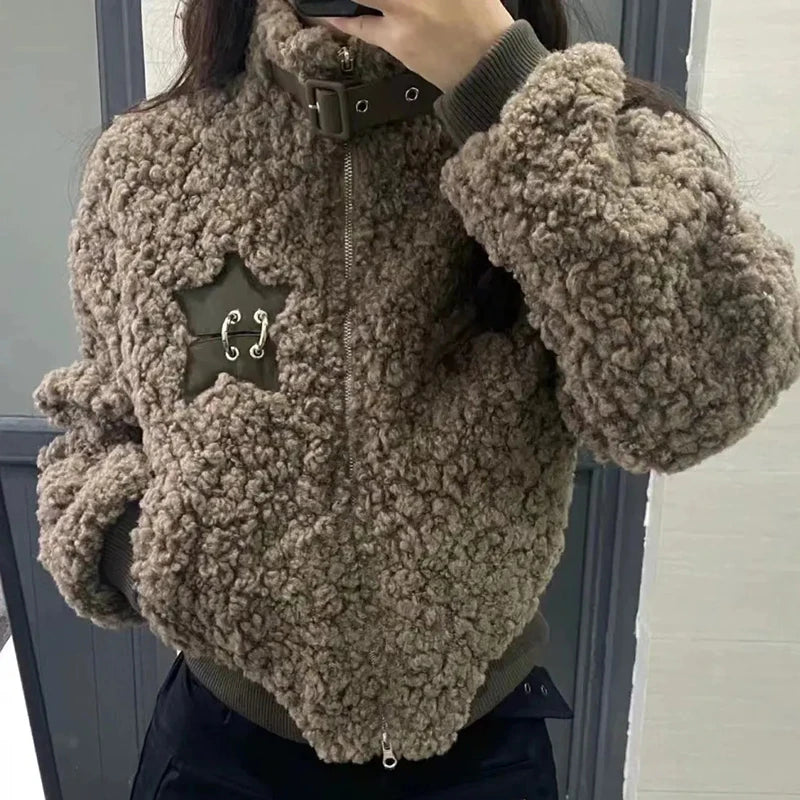 Winter Lamm Wolle Vintage Jacke Frauen Stehen Kragen Faul Wind Casual Zipper Mäntel Langarm 3D Dekoration Lose Geerntete Jacken.