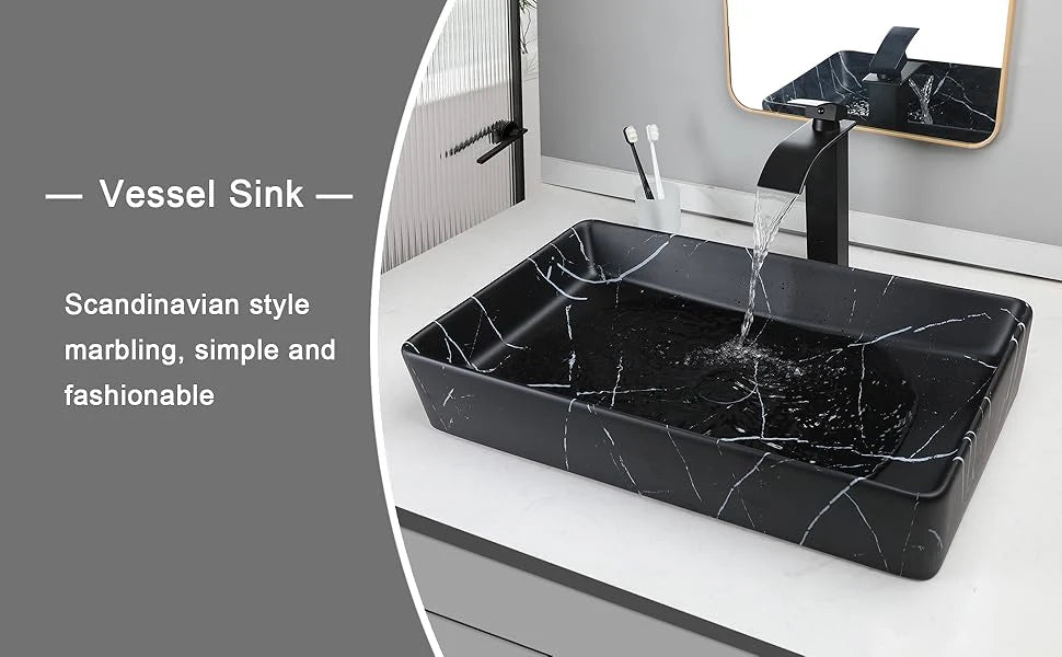 JIENI Keramik-Badezimmer-Waschbecken-Set, quadratisch, Porzellan, Arbeitsplatte, Waschbecken, Wasserhahn, Pop-Up-Abfluss, kombiniertes modernes Waschbecken-Set