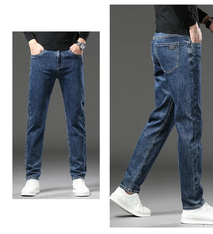 Winter Fleece Thick Warm Jeans Men's Slim Straight Elastic Denim Pants Casual Male Clothing Fashion Plush Trousers.