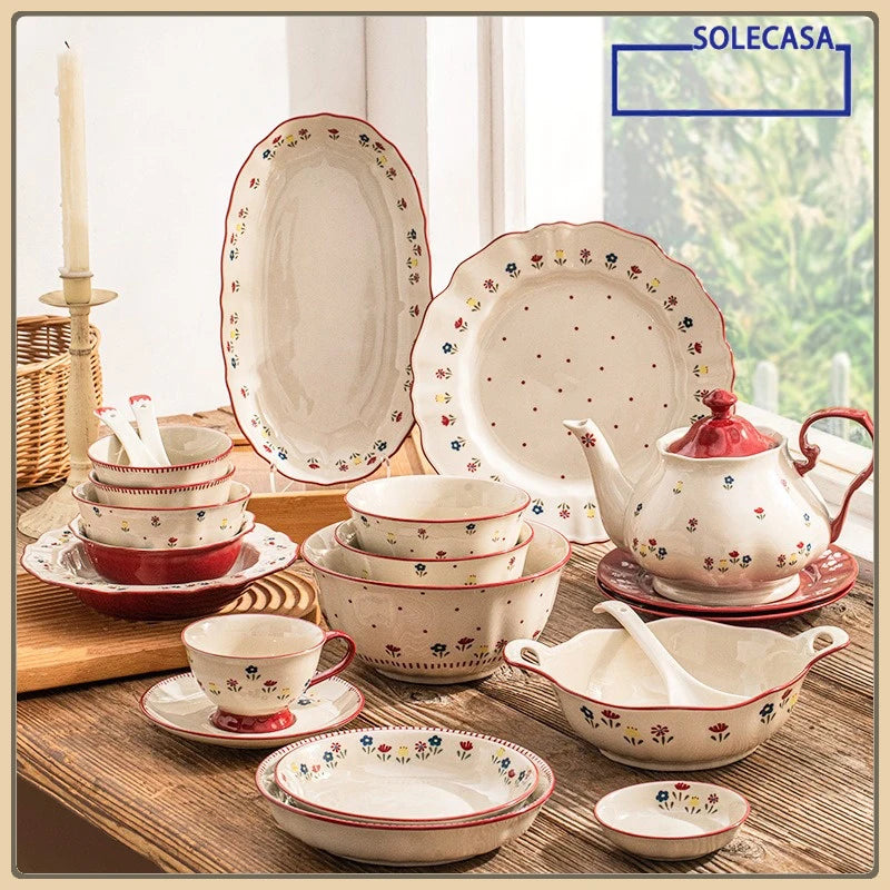 SOLECASA Pastoral Style Ceramic Tableware Soup Bowl Salad Bowl Dish Pasta Dessert Plates Dinnerware Dinnerware Table Decoration.