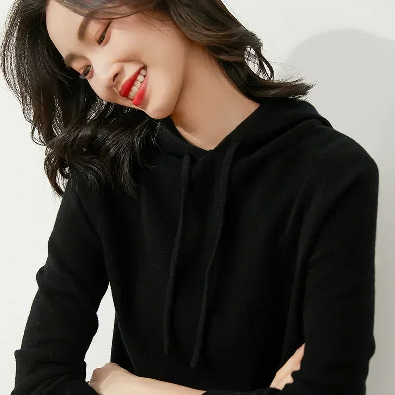 Women's Autumn and Winter New Casual Hoodies Sport Loose Hooded Knitted Hoodie Pullover Sweater