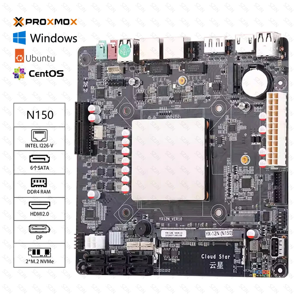Mini ITX Motherboard N150 for DIY NAS Support DDR4 Max 32GB 2*2.5G RJ45 6*SATA3.0 2*M.2 NVME Low Power Consumption Motherboard.