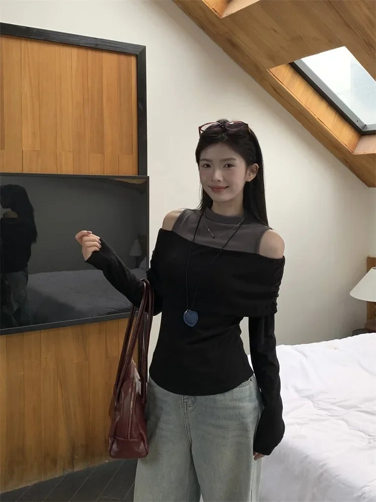 Retro American Shoulder Bared Long Sleeve T Shirt Women Spring Autumn Spicy Girl Fake Two Piece Base Shirt High Collar Polyester.