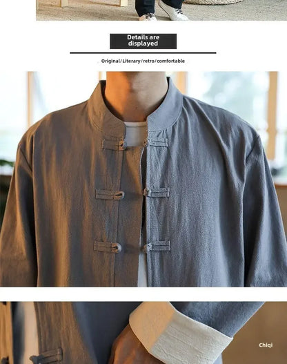 Traditional Chinese Men's Tang Suit Cotton Linen Ancient Costume Tea Servant Zen Meditation Clothing Middle Mountain Hanfu.