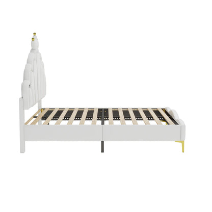 Polsterbett ohne Matratze, ferngesteuertes Umgebungslichtbett mit 2 Schubladen, kronenförmiges Prinzessinnenbett, verstellbarer Kopf, PU, Weiß