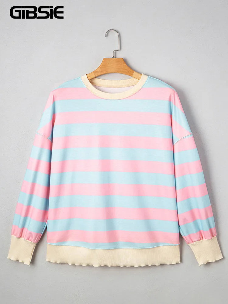 GIBSIE Plus Größe Gestreiften Tropfen Schulter Lose Sweatshirt Frauen 2025, Herbst Casual Langarm Passenden Rundhals Pullover Tops.