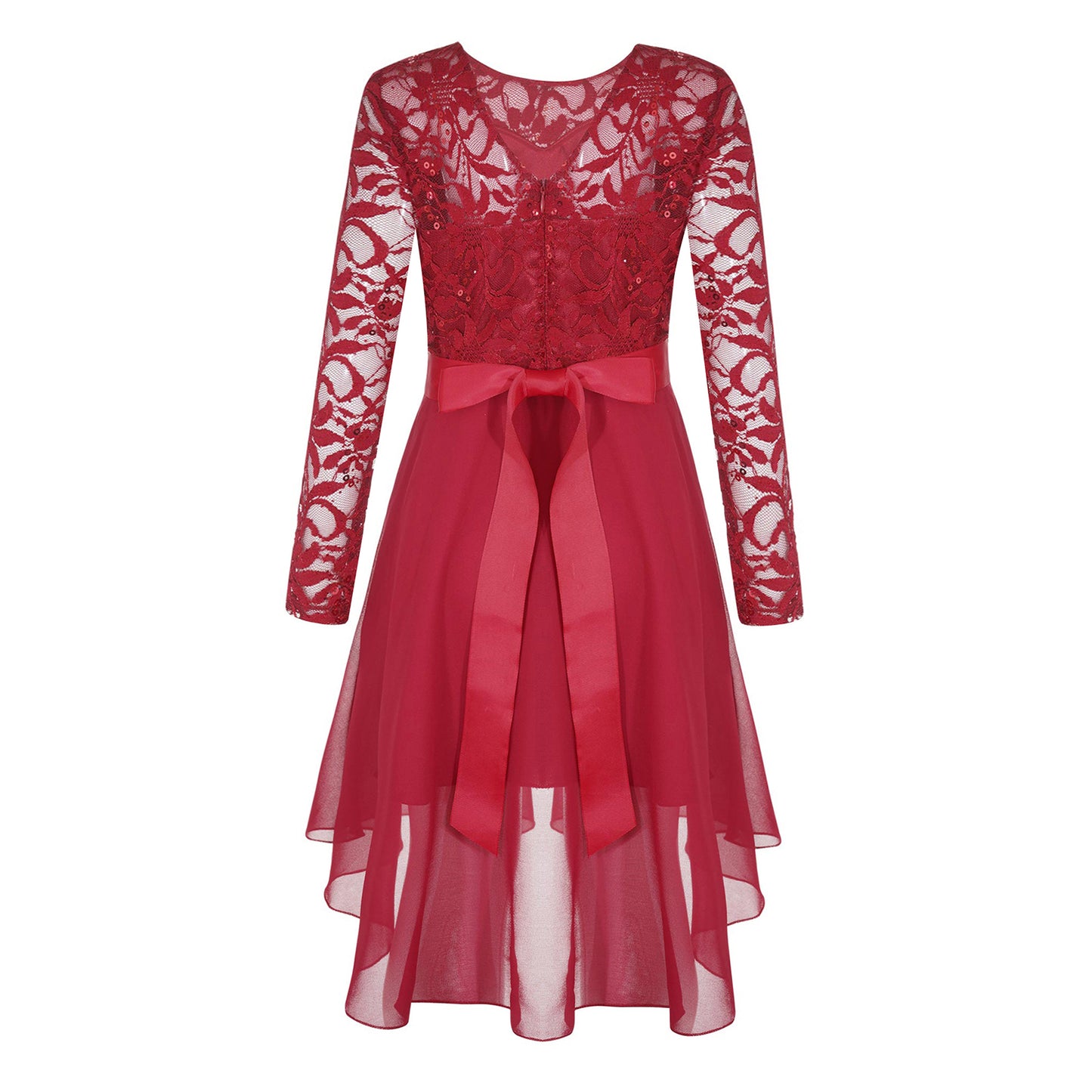 Elegantes Spitzen-Partykleid für Kinder, Mädchen, Chiffon, Spleißen, langärmelig, Kleid mit hohem und niedrigem Saum und Strass-Schärpe für Hochzeit, Geburtstag
