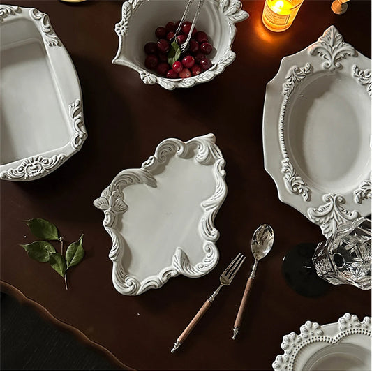 Palace Vintage Ceramic Decorative Dinner Plate White Butterfly Lace Bakeware Tableware Kitchen Supplies Decorative Plate.