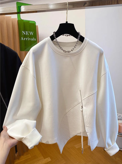 Autumn and Winter Women's Pullover Round Neck Hoodie Lazy Style Splicing Design Loose Long Sleeve Tops.