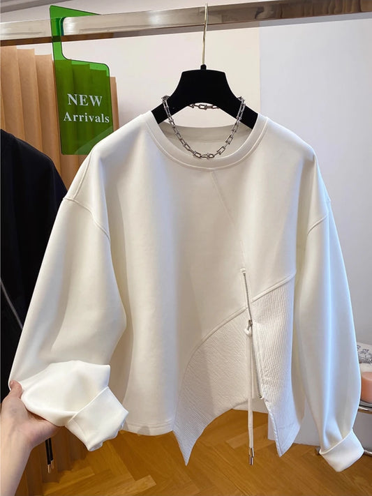 Autumn and Winter Women's Pullover Round Neck Hoodie Lazy Style Splicing Design Loose Long Sleeve Tops.