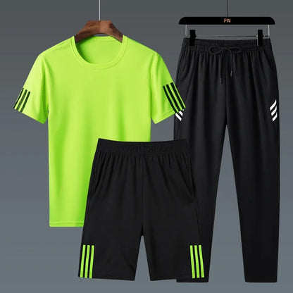 Summer Casual Sports Men's Short Sleeve T-Shirt plus Size Three-Piece Set New Style Long Pants Comfortable Breathable Clothing.