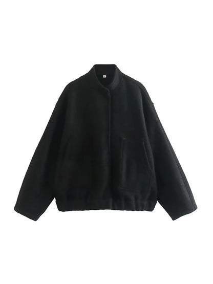 TRZA Frauen Mode Mit Taschen Übergroßen Bomber Jacke Mantel Vintage Langarm Druckknopf Weibliche Oberbekleidung Chic Tops