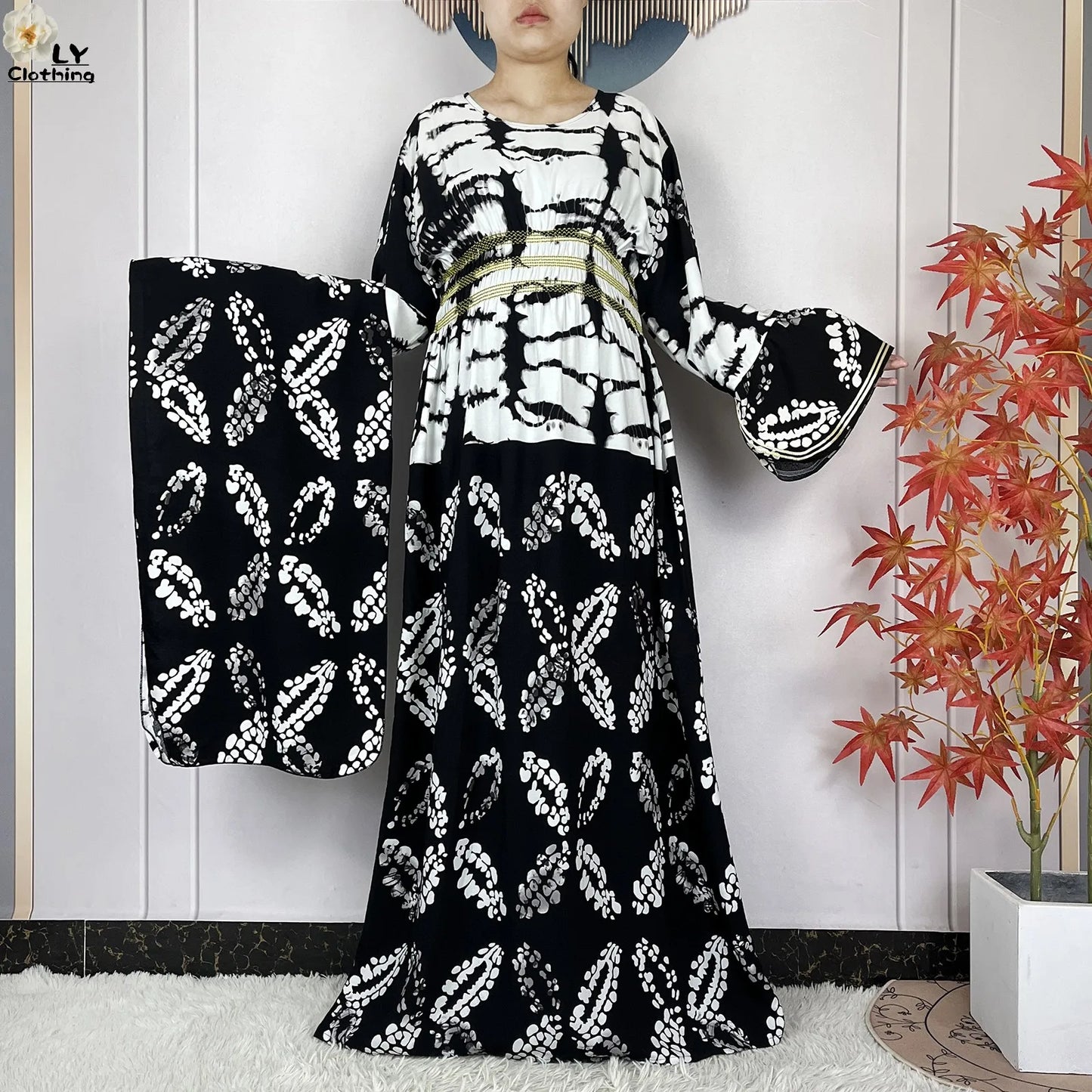 New Women Party Dress Dubai Muslim Summer Cotton Long Sleeve Collect Waist Boubou Maxi Islam Women Elegant Dress African Abaya
