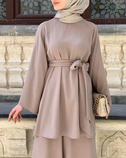 Eid Muslim Two Piece Set Islam Women Lace Up Shirt Wide Leg Pants Suits Ramadan Turkey Outfits Modest Morocco Abayas Ensembles.