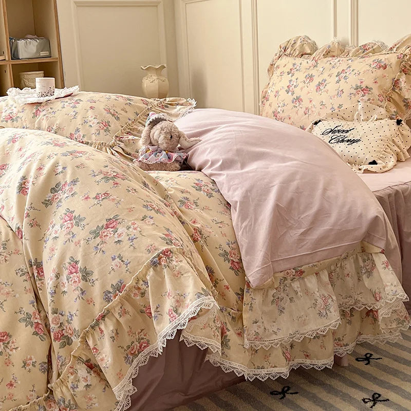 Korean Princess Style Ruffles Flower Print Bedding Set Duvet Cover Set Bed Skirt Bedspread Pillowcases 100% Cotton Home Textile.