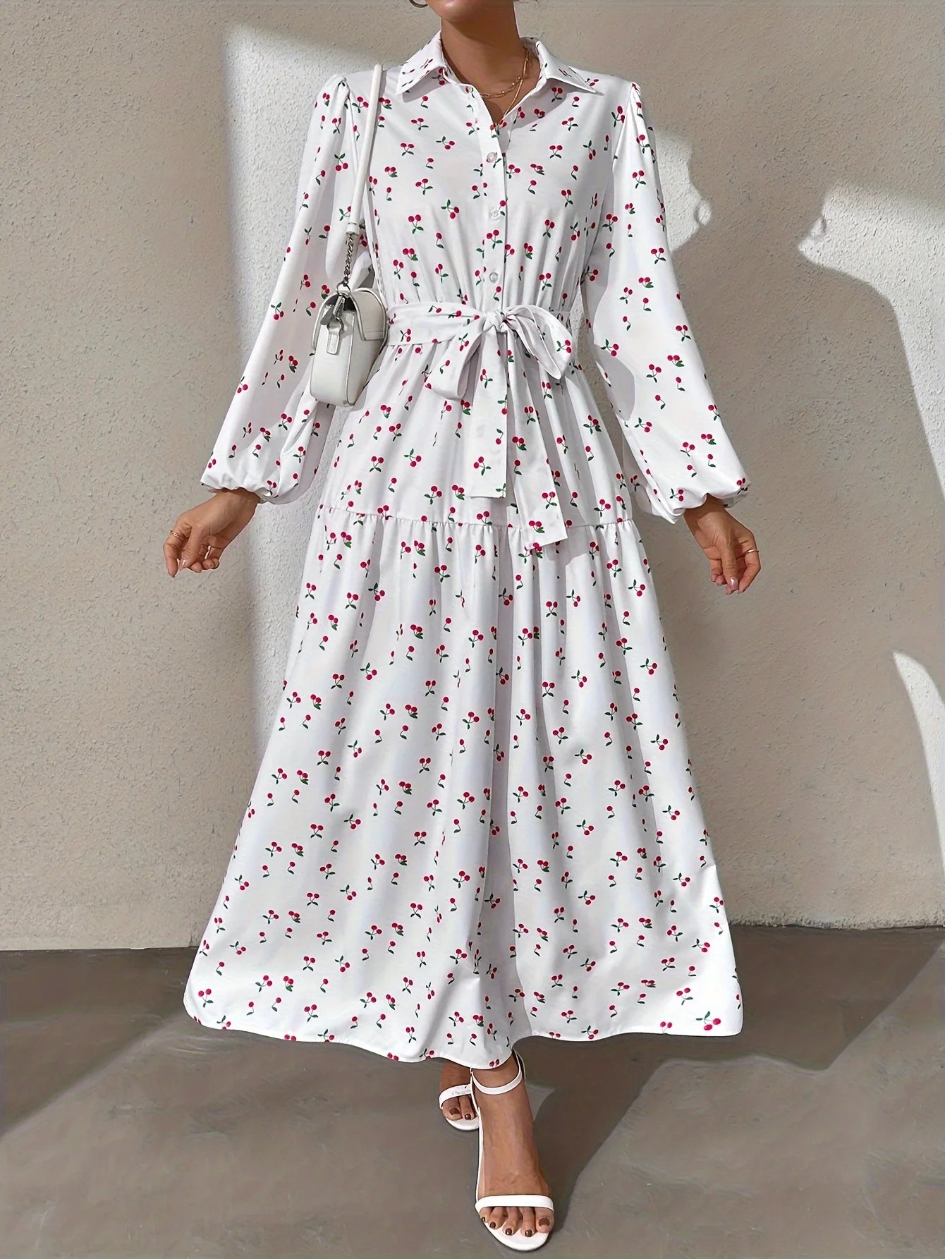 Ramadan Abaya Floral Print Button Front Dress, Casual Lantern Sleeve Dress For Spring & Fall, Women's Clothing Kebaya Kaftan.