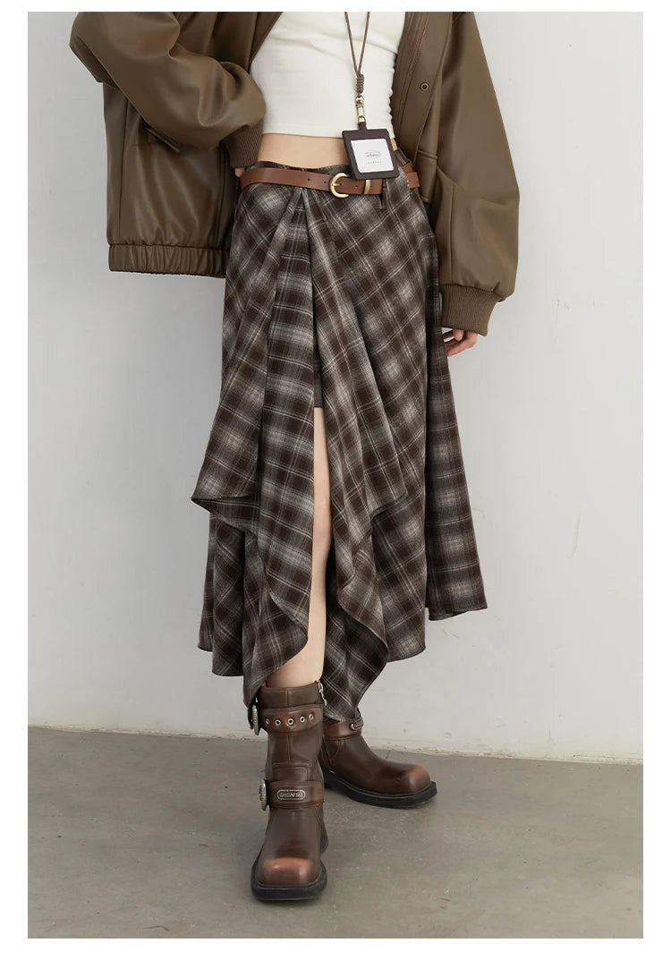 CHIC VEN Women Skirts A Line Retro Loose High Waist Irregular Color Plaid Frosted Half Body Long Ladies Skirt Winter 2025