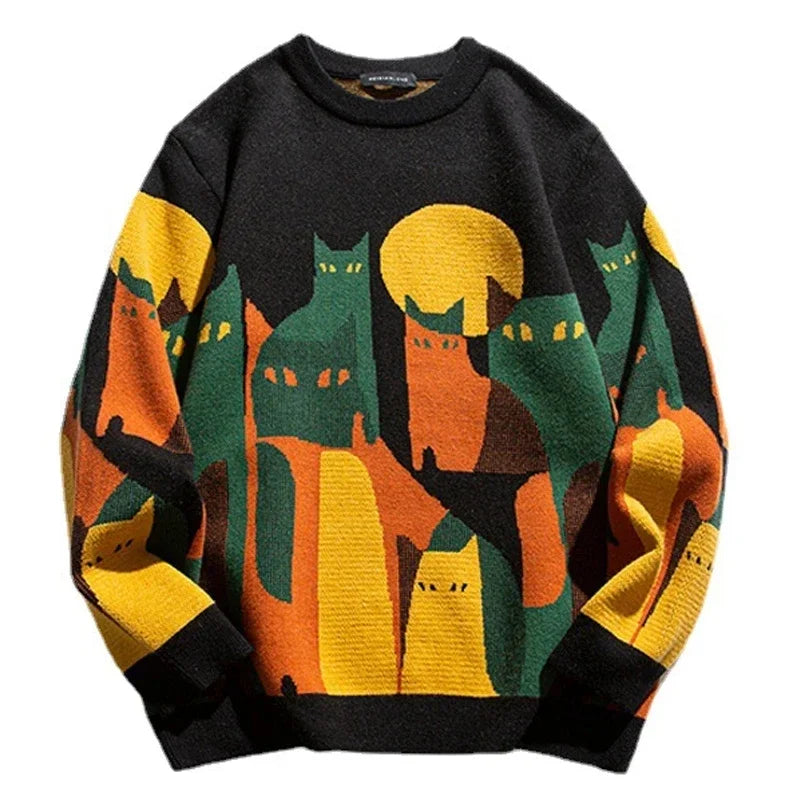 2024 Autumn Knitted Sweater Men Women Winter Harajuku Cartoon Full Cat Print Pullover Vintage Causal Loose Sweaters Streetwear.