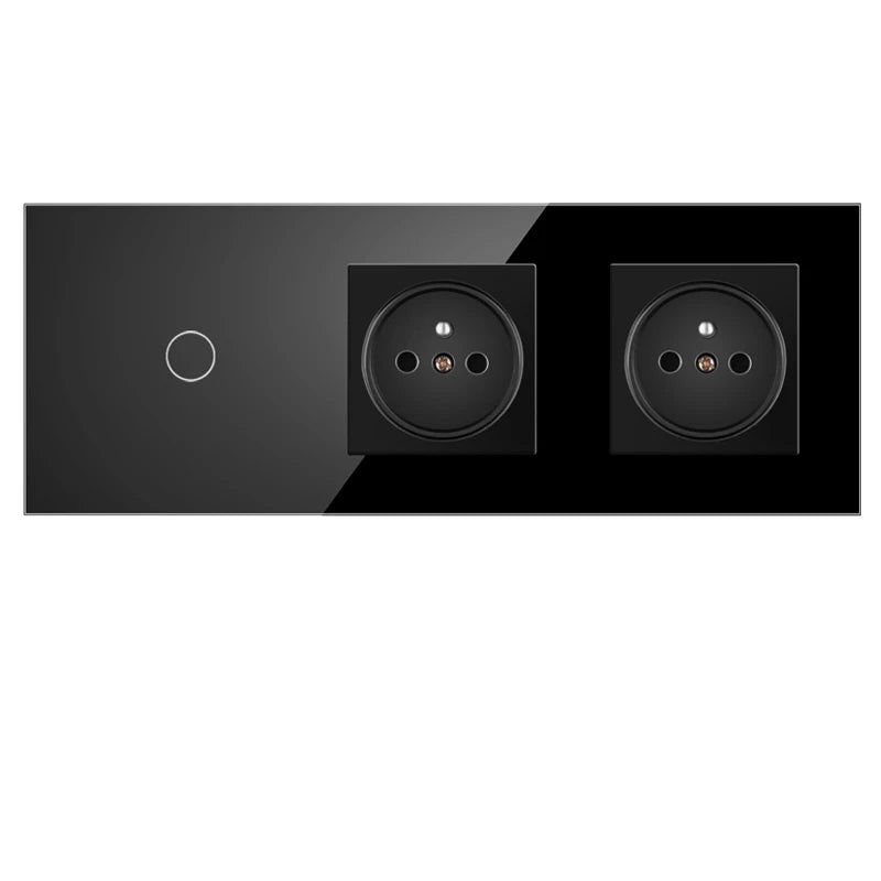 JHJCH Touch Lichtschalter Frankreich Steckdosen USB C Telefon Ladung Kristallglas 1/2/3Gang Wandschalter Doppelsteckdosen Schwarz