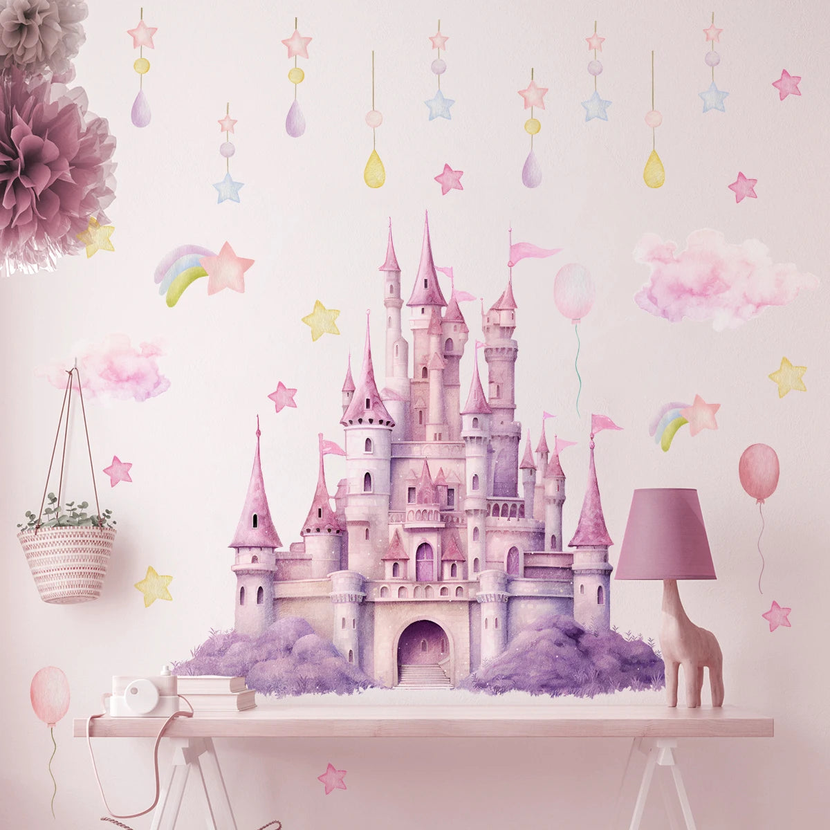 2sheet/set Pink Castle Wall Decals,  Clouds Stars Wall Stickers, Balloon Wall Decor for Kids Girls Bedroom Nursery Home.