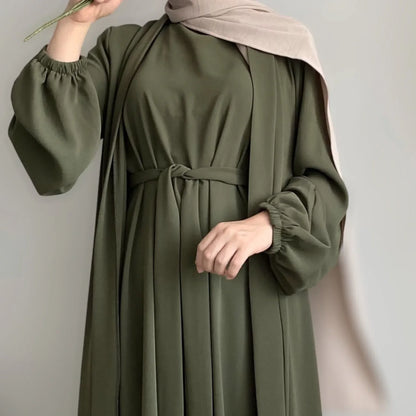 Muslim Woman Abaya 2 Piece Set Abayas Kimono with Sleeveless Hijab Dress Sets Islamic Matching Outfit Dubai Turkey Ramadan Eid.