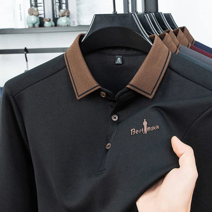 Men's Polo Shirt Long Sleeve Luxury Brand Autumn Winter Lapel Collar Button Business Casual Classic Office Warm T-shirt Menswear.