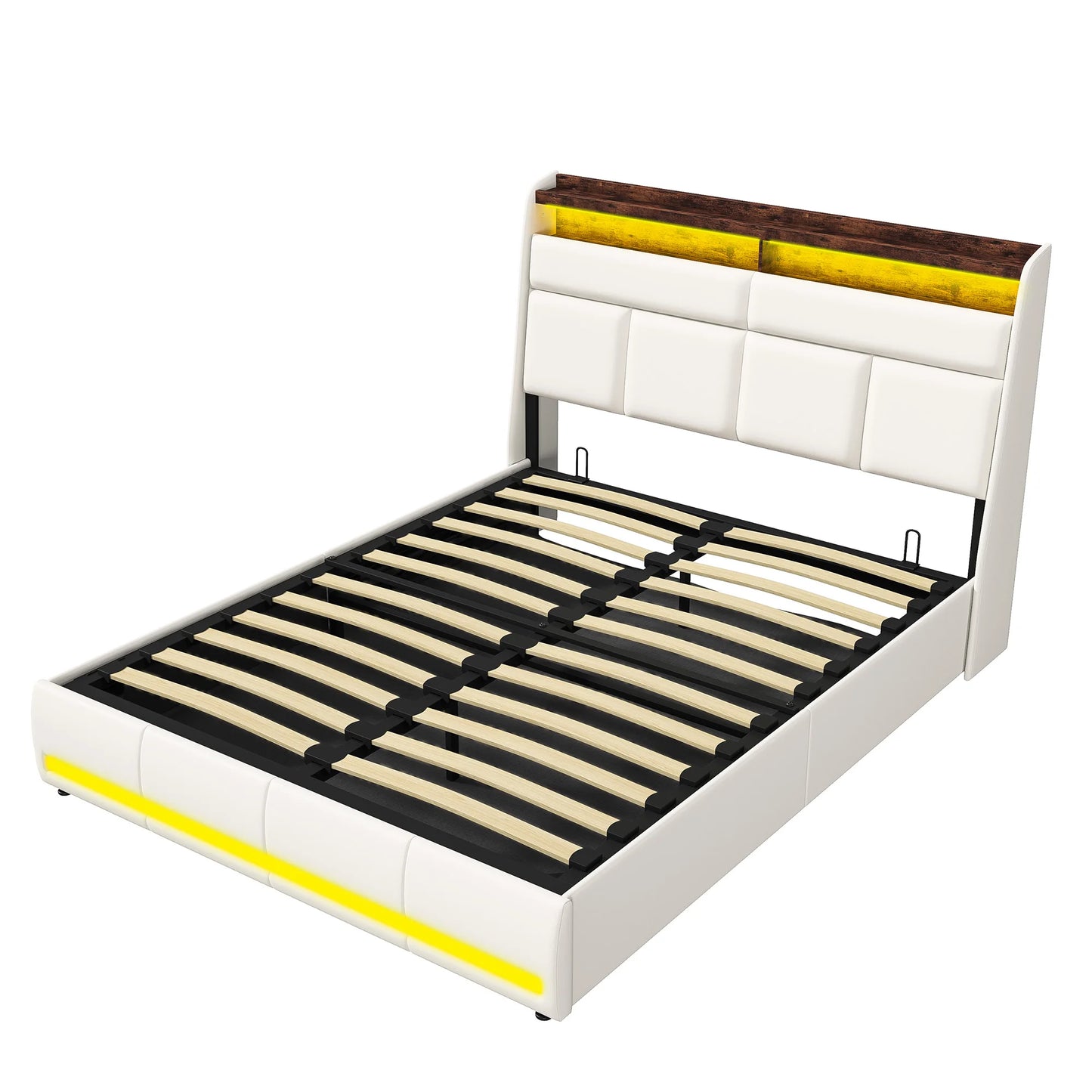 Lazyspace hydraulische Doppelbetten, modernes PU-Bettgestell mit Stauraum, gepolsterte Betten mit LED-Leuchten, Schlafzimmermöbel für Zuhause