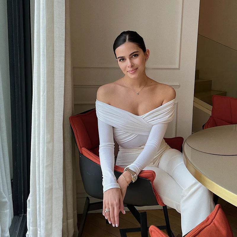 Sexy Off Shoulder Bodysuits Women Fashion Black Crossed Folds Skinny Rompers Long Sleeve Fashion Streetwear Autumn Bodysuits New.