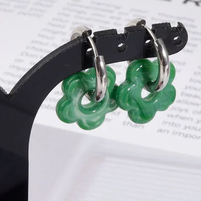 Colorful Flower Glass Drop Charms Earring Gold Color Circle Ear Buckle Hoops Stainless Steel Earrings Fashion Jewelry for Women