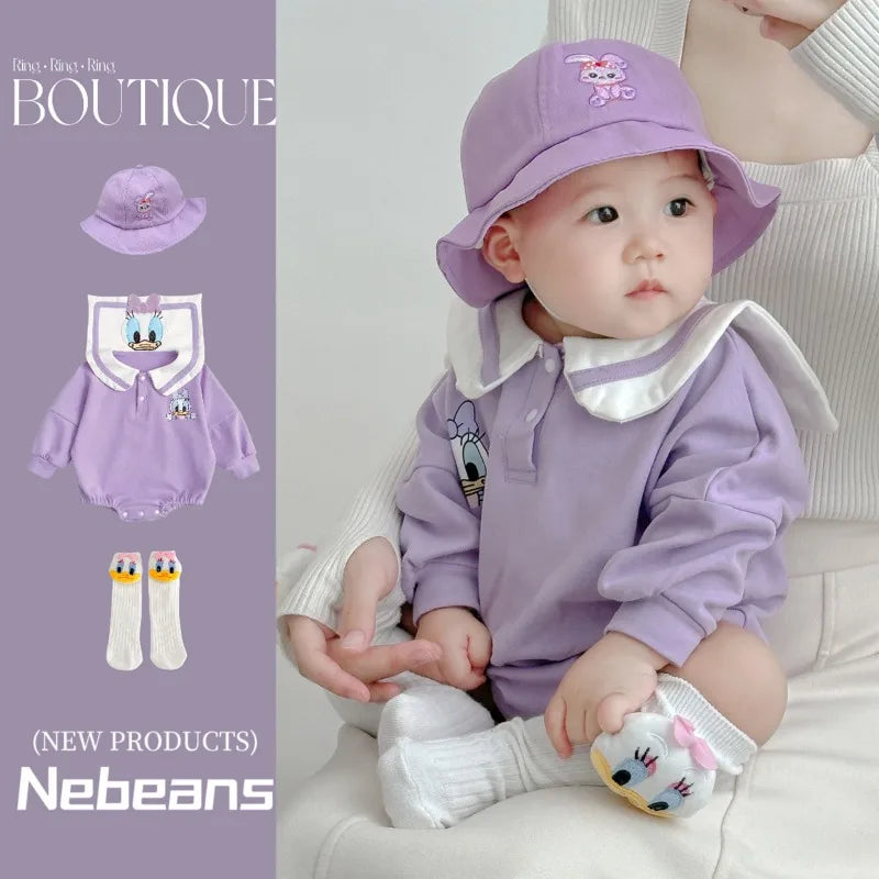 Neugeborenen Baby Strampler Socke Hut 3 stücke Set Cartoon Donald Daisy Ente Kleidung Jungen Mädchen Overall Infant Kurzarm Body k732.