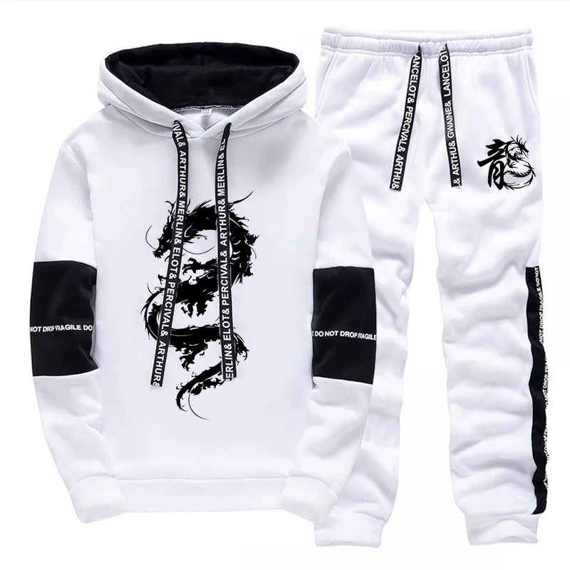 Men's Hooded Sweatshirt Sweatpants 2pcs Set Urban Casual Fashion Hoodie Outfits Dragon Printed Pullover Male Sporty Jogger Suit.