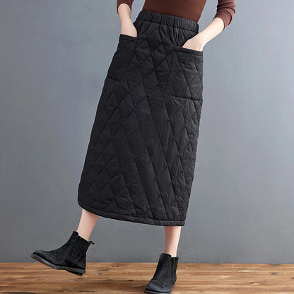 Women Winter Skirt Windproof Warm Down Cotton Skirt High Waist Quilted Cotton Padded Skirts Office Lady Elegant Skirt.