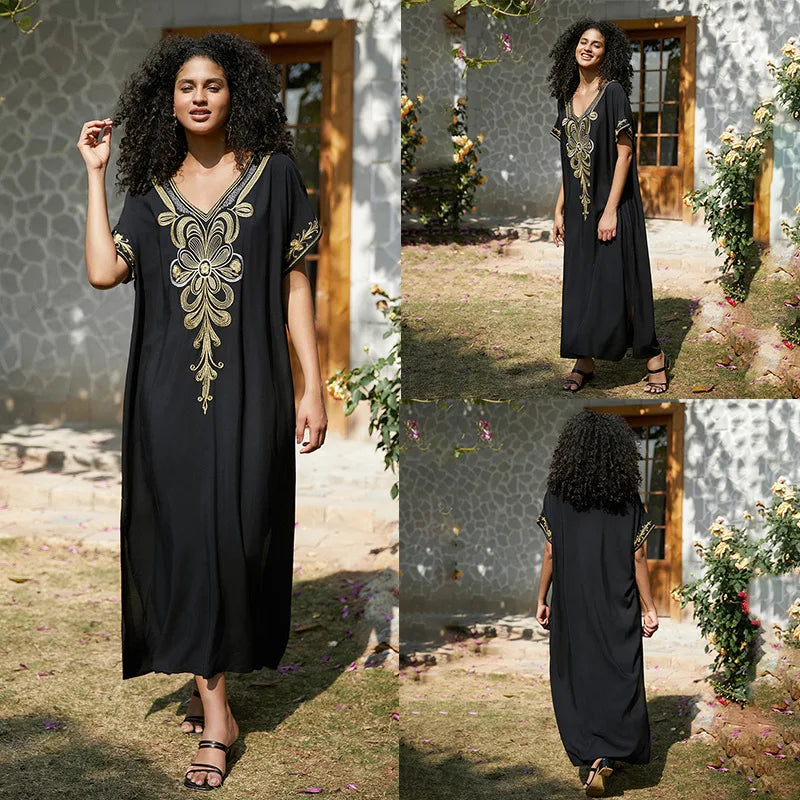 Badeanzug Vertuschungen Stickerei V-Ausschnitt Kurzarm Bad vertuschen für Frauen Kaftan Kleider.