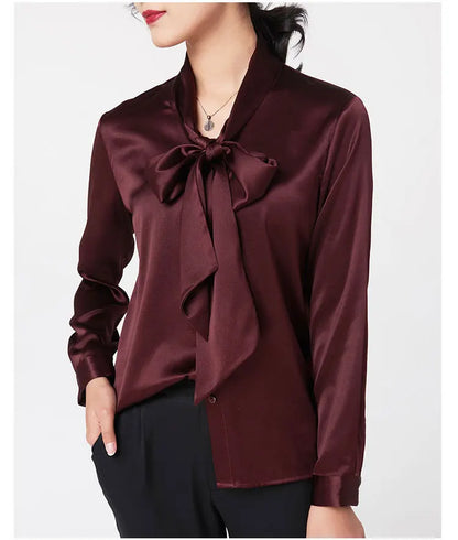 Heavyweight Mulberry Silk Shirt Women's 2025 Spring And Autumn New Long Sleeve Satin Silk Blouse V-neck Bow Ribbon Shirt.