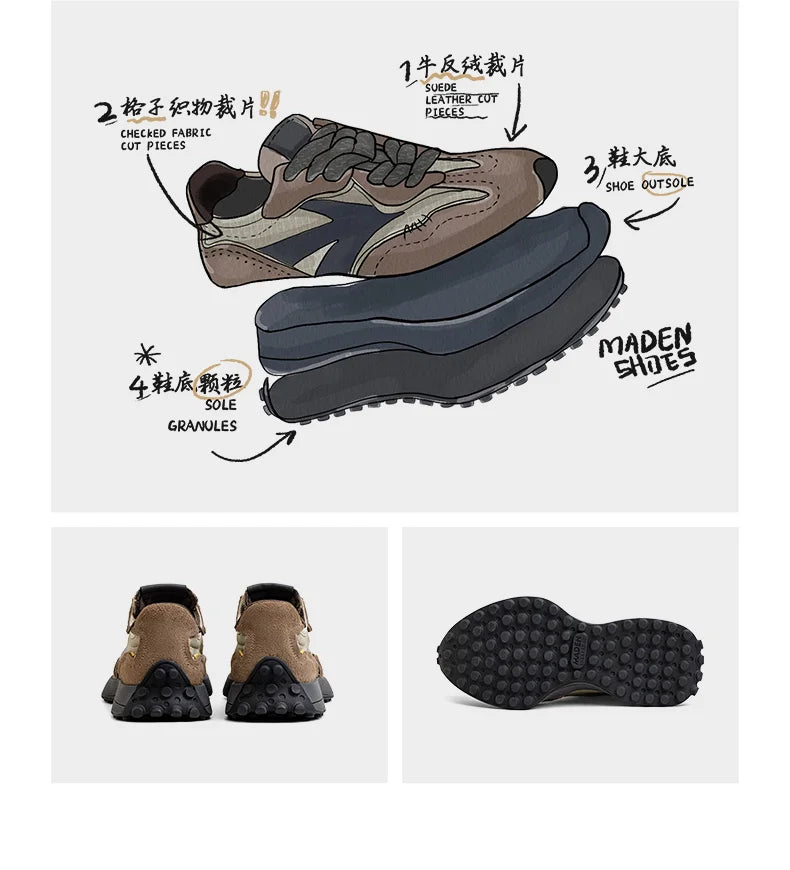 Maden Frühling Vintage Dickbesohlte Patchwork Schwarze Sneakers Lässige atmungsaktive Joggingschuhe Low-Top-Schnürschuhe Sportliche Sommerschuhe