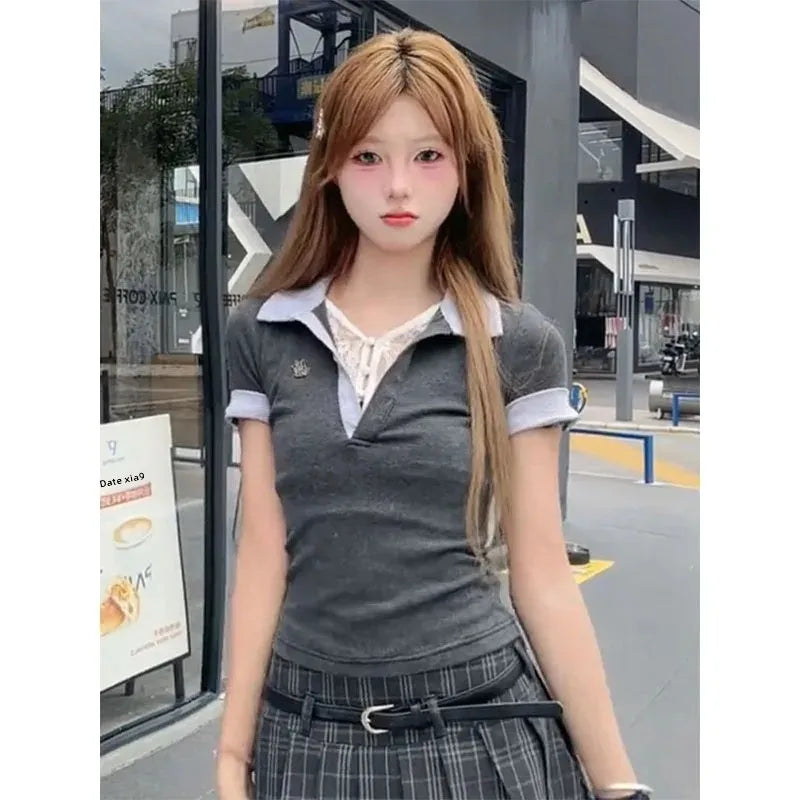 Slim Fit Short Sleeve Polo Neck T-Shirt Women's Summer Fashion Two-Piece Set Heavy Industry Korean Style Spicy Girl Top.