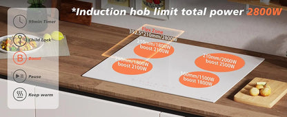 Karinear Induction Hob 4 Zones with Plug, 59CM, 3500W, White Ceramic Glass, Combination Zones, Sliding Controls, 9 Power Levels.