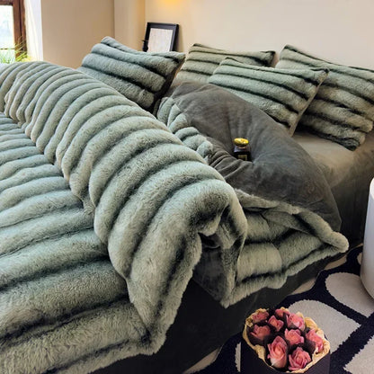 2024 new rabbit velvet milk velvet thickened rabbit fur warm four-piece set, 1.5m 1.8m bed sheet four-piece set