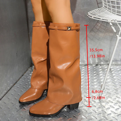 Fashion Wide Leg Knee High Boots Women Autumn Winter Slip On High Heels Pants Boots Woman Pu Leather Long Botas Plus Size 36-43
