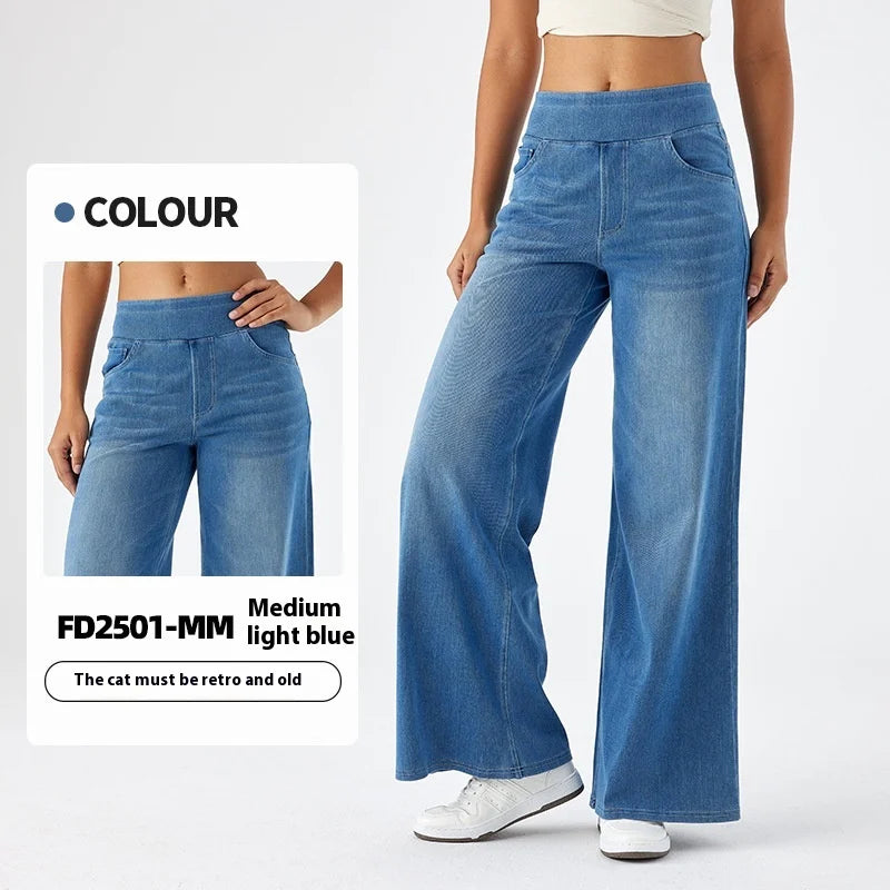 Women's New Large Size Denim Wide-Legged Trousers American High-Waisted Thin Straight Loose Casual Trousers Casual Jeans.