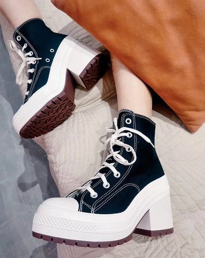 Women Platform Sneakers Luxury Brand  Women Boots Fashion Outdoor Skateboard Shoes Women High Top Canvas Sneaker Plus Size 36-42.