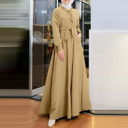 2025 Fashion Arab Style Lace-up Maxi Dress for Women Muslim Abaya Vintage Plain Long Dresses Hijab Islamic Robe Elegante Femme.